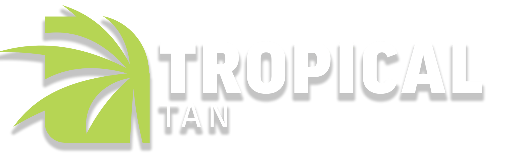 A logo for tropical tan with a green palm tree on a white background.