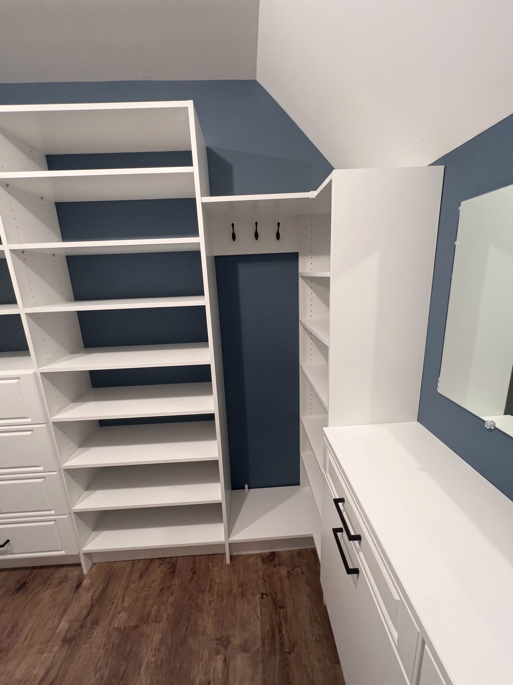 walk-in closet with white shelving, blue walls, and wood flooring.