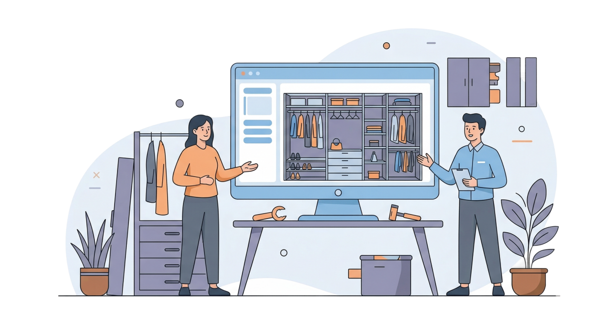 Two people stand at a desk with a large computer monitor displaying a custom closet design, planning interior storage.