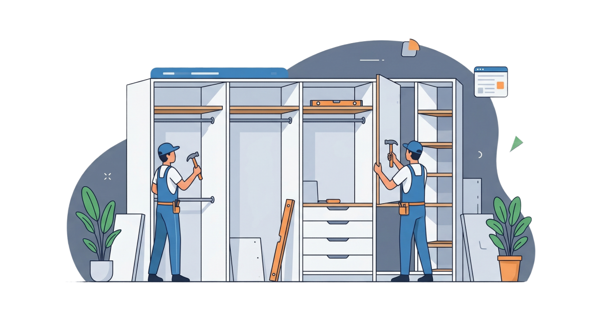 Two workers in blue uniforms assemble a large white wardrobe in a room with potted plants.