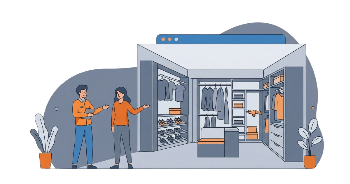 Two people standing in a modern walk-in closet with organized clothing, shelves, and hanging garments.