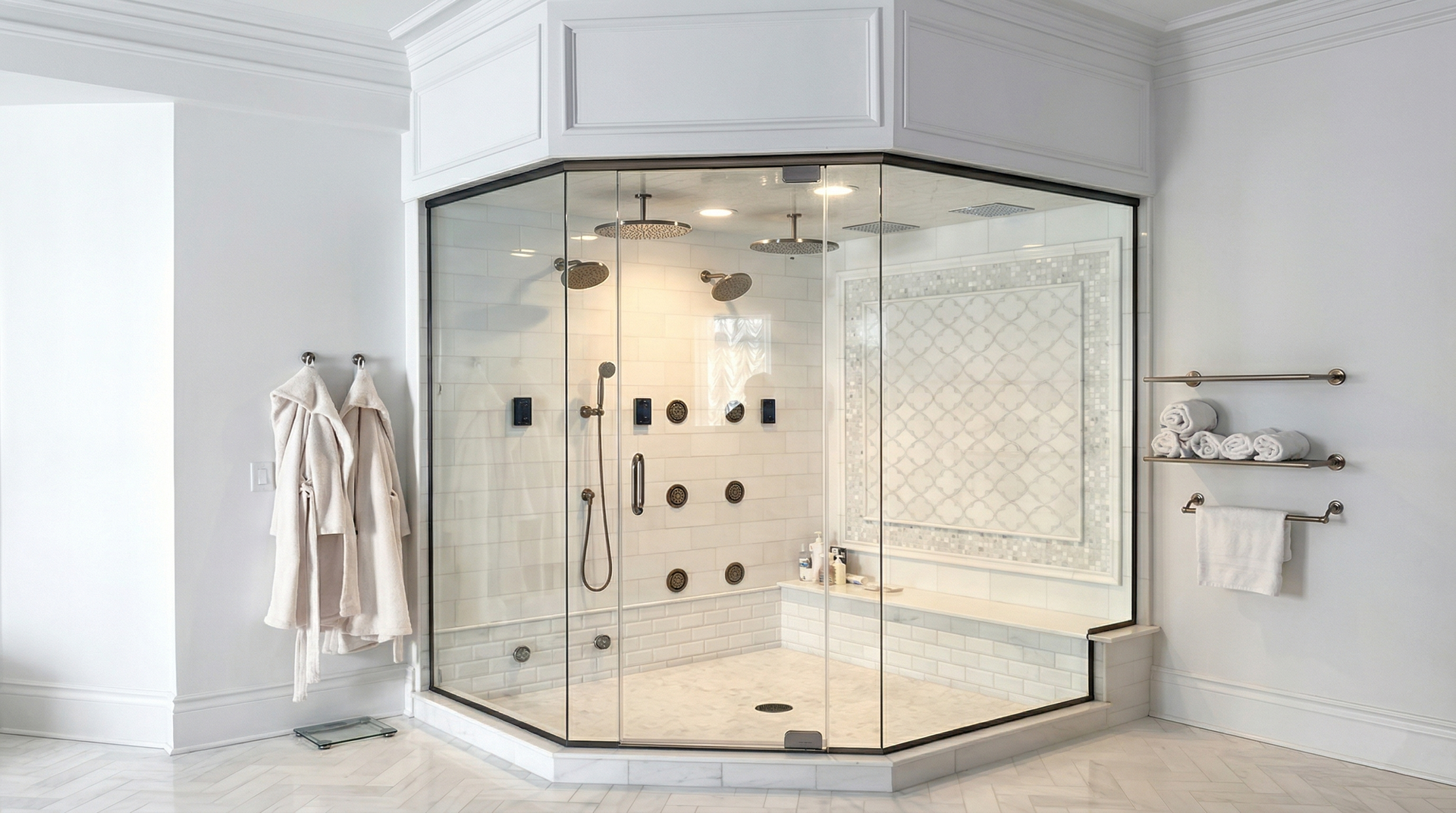 Gray walk-in closet with neatly organized clothing, including shirts, pants, and accessories. Neutral tones and a modern design are featured.
