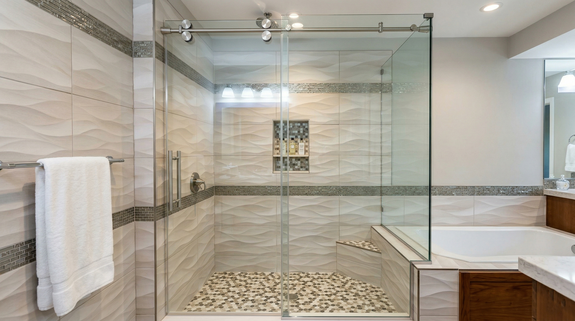 A modern, organized walk-in closet with white shelves, drawers, and hanging space, with dark brown accents and clothes.