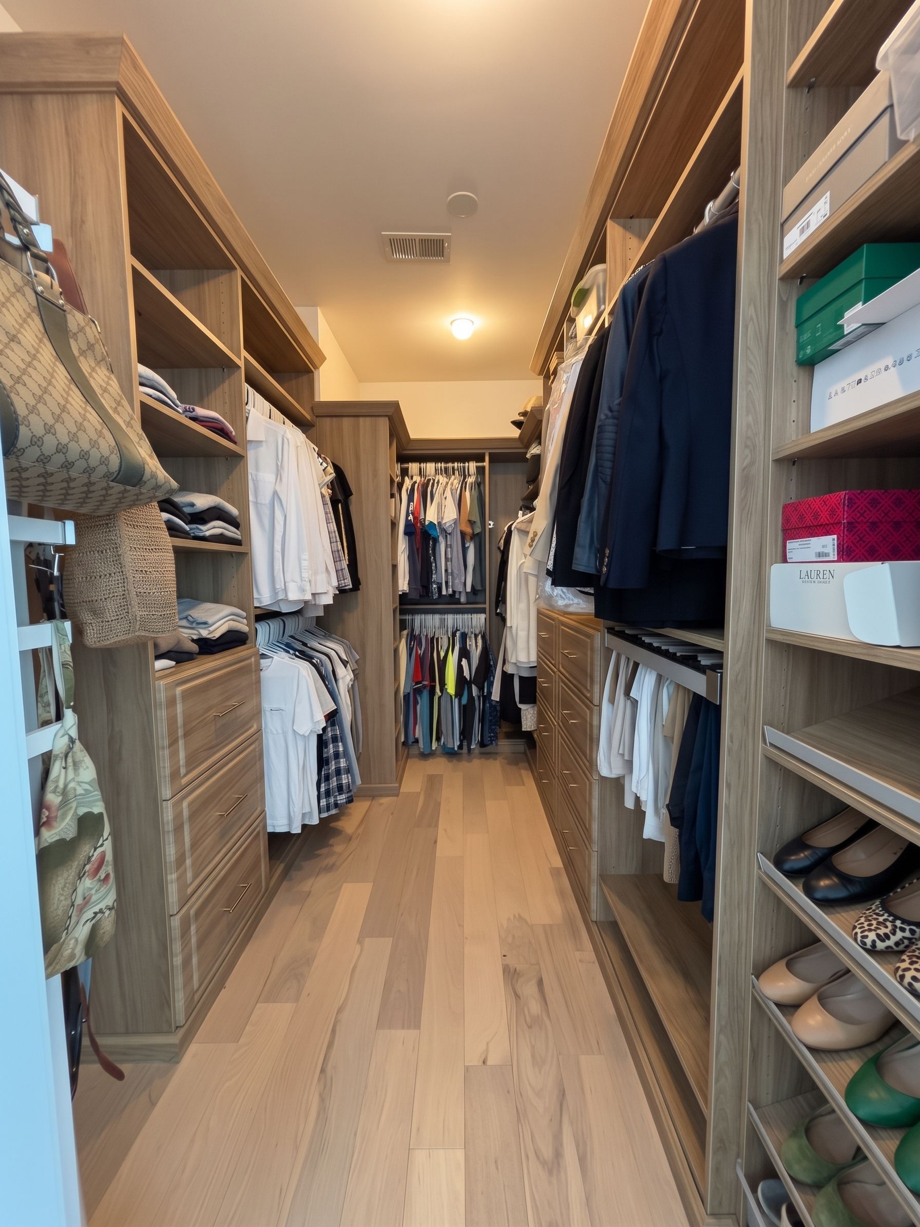 Narrow walk-in closet with shelves of folded clothes and hanging garments along both sides.