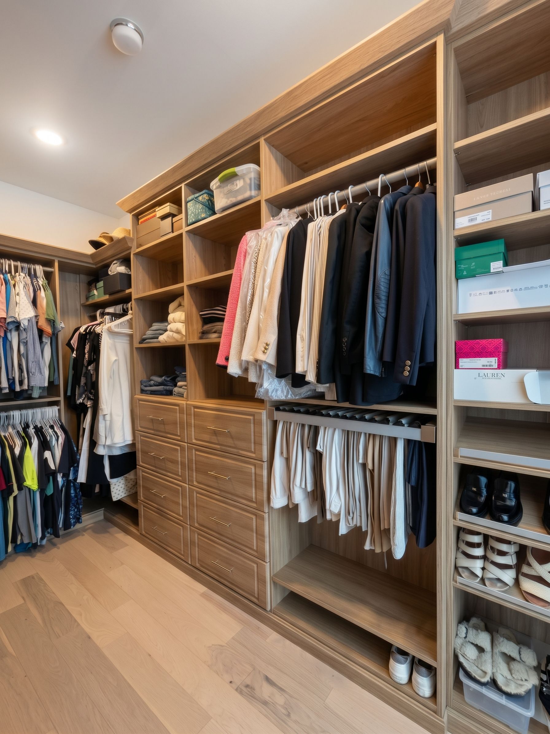 Walk-in closet with wooden built-in shelves, hanging clothes, drawers, and shoe storage