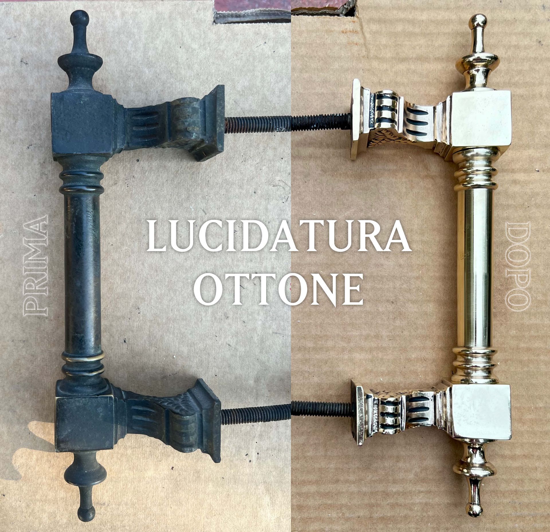 Confronto affiancato di una maniglia per porta in ottone prima e dopo la lucidatura, che mostra una transizione dall'oro scuro all'oro lucido.