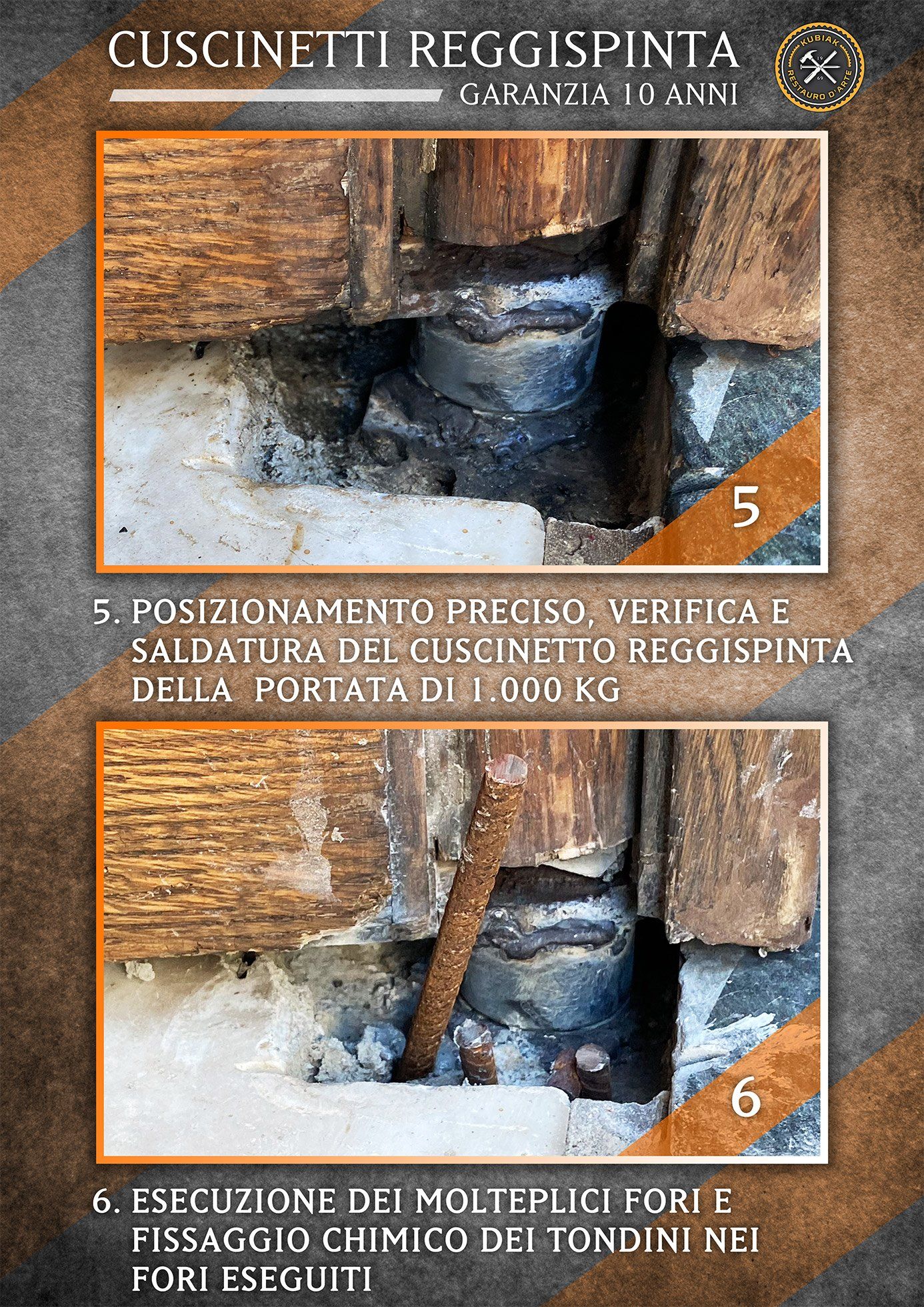 Fasi 5 e 6 di un progetto di costruzione: saldatura di un cuscinetto reggispinta sotto una trave e ancoraggio chimico delle barre d'acciaio.