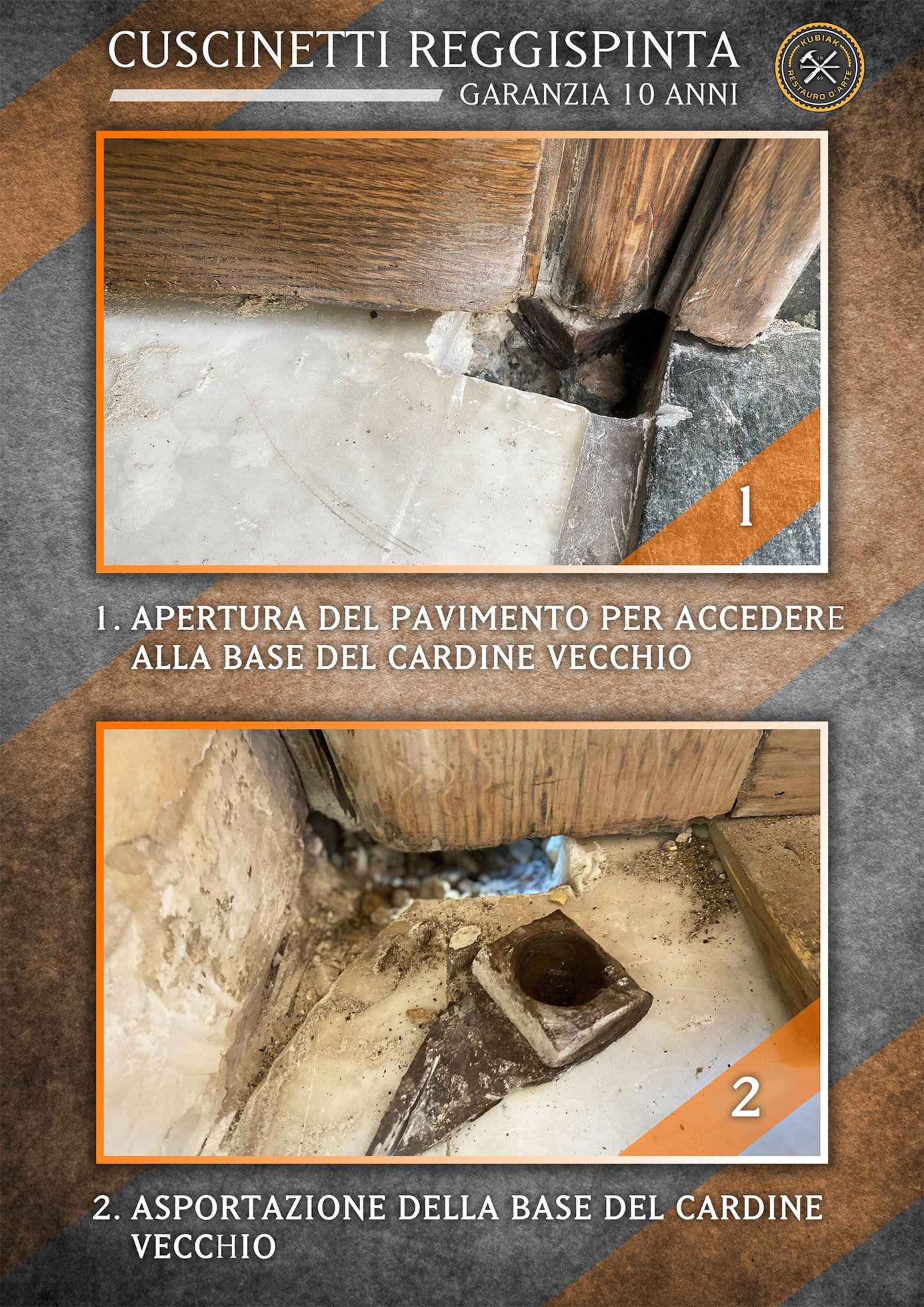 Istruzioni in due parti che mostrano come rimuovere la base di una vecchia cerniera di una porta dal pavimento per installare un cuscinetto reggispinta.