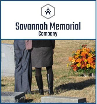 Columbus Monument Company Logo and image of two people standing over a grave.