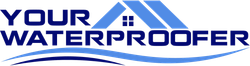 Your Waterproofers logo in blue with stylized roof over text and wave underline