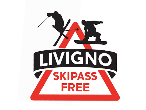 Il logo per livigno skipass free mostra due persone che sciano e fanno snowboard.