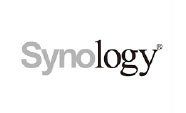 A black and white logo for synology on a white background.