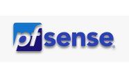 A blue and white logo for pfsense on a white background.