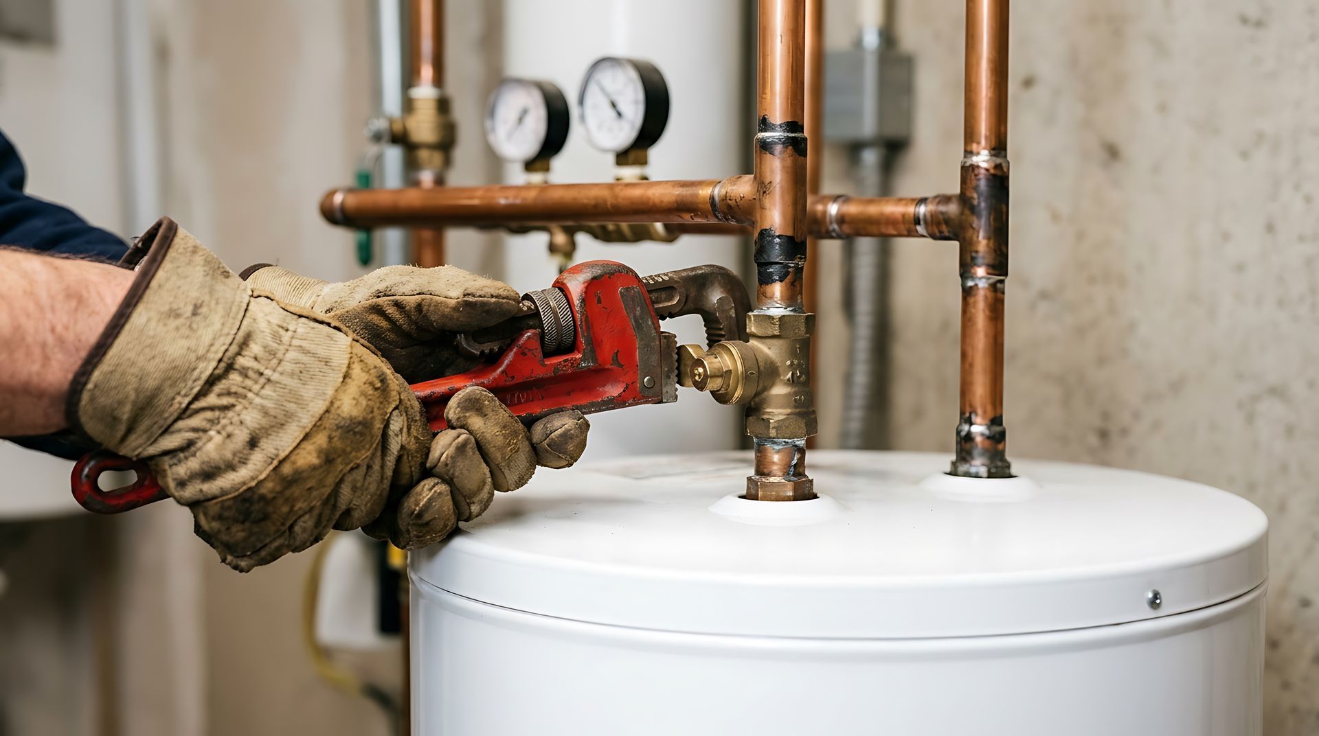 Home plumbing pro tightening pipes on a water heater tank
