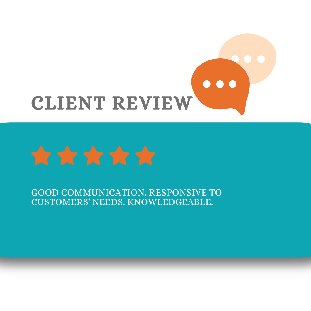 Client review graphic: Turquoise background, orange stars and speech bubbles.