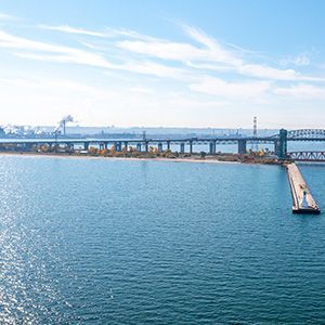 An aerial view of a bridge over a body of water in Hamilton.