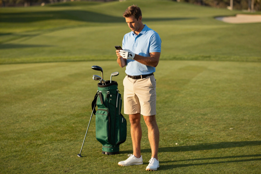 Golfer checking the Golf Life 360 app on a smartphone on the course.