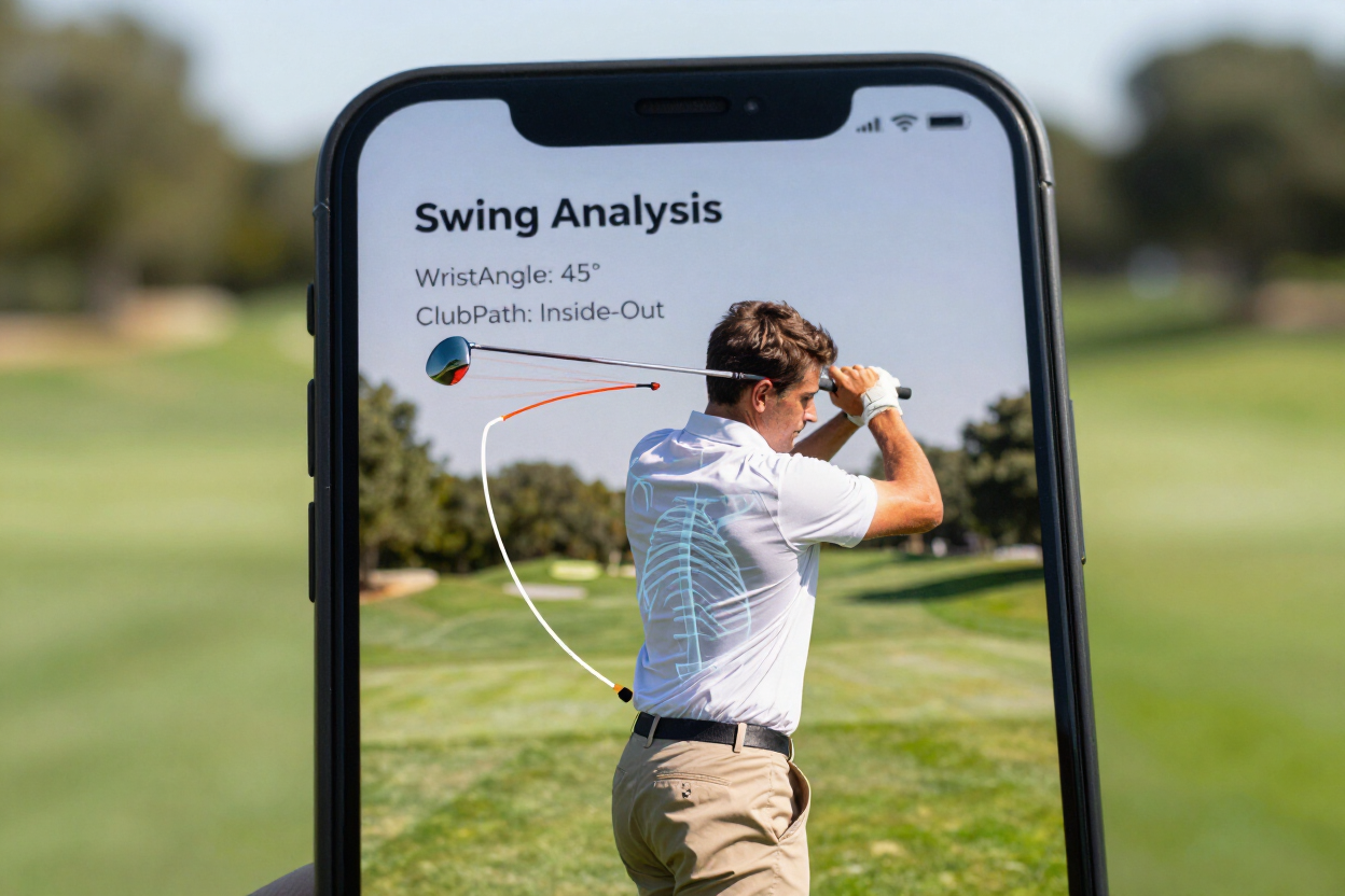 Smartphone displaying a golf swing analysis UI with skeletal overlay lines