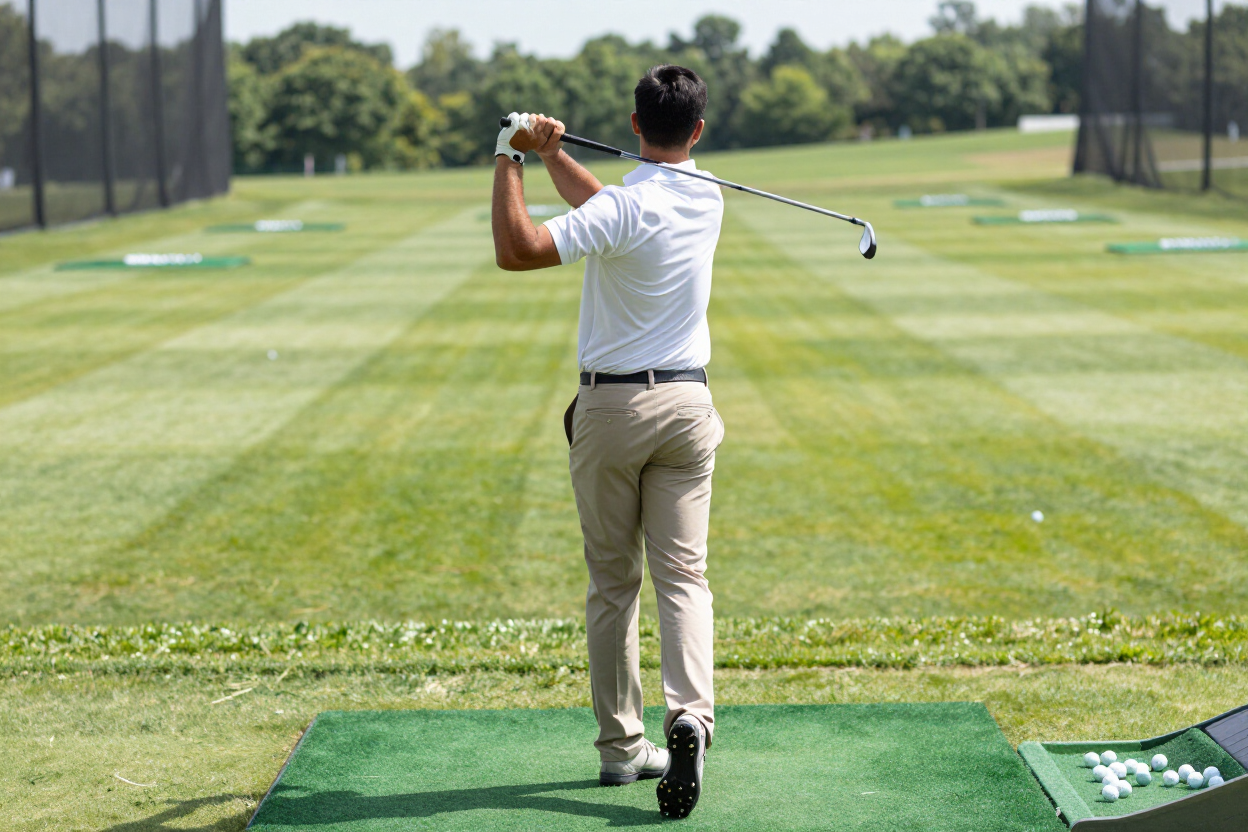 Golfer on a practice range performing a drill with an alignment stick on the ground