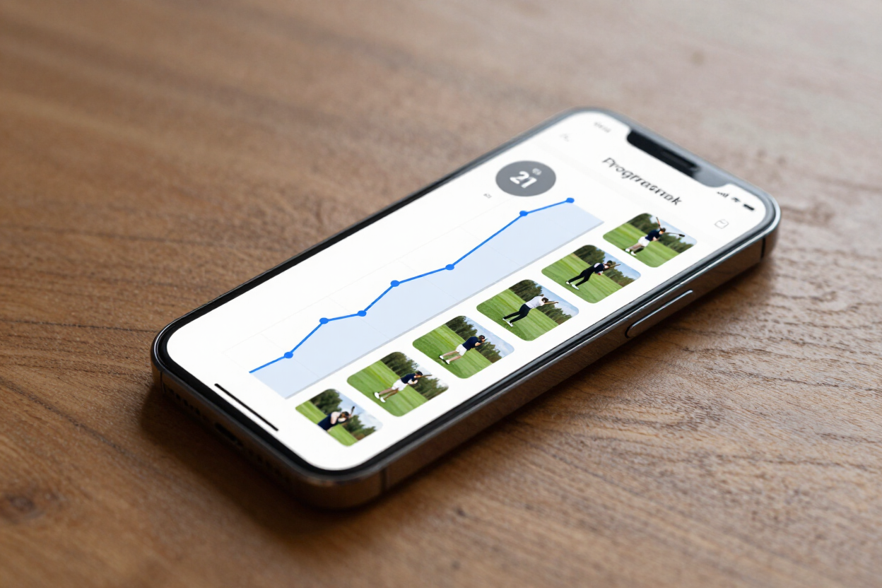 Smartphone showing a golf progress tracking dashboard with swing history timeline and improvement chart