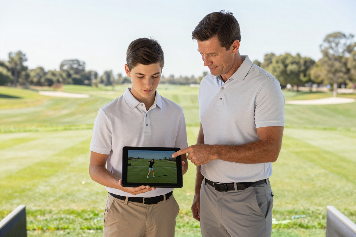 Golf instructor and student on a practice range looking at a swing replay on a tablet