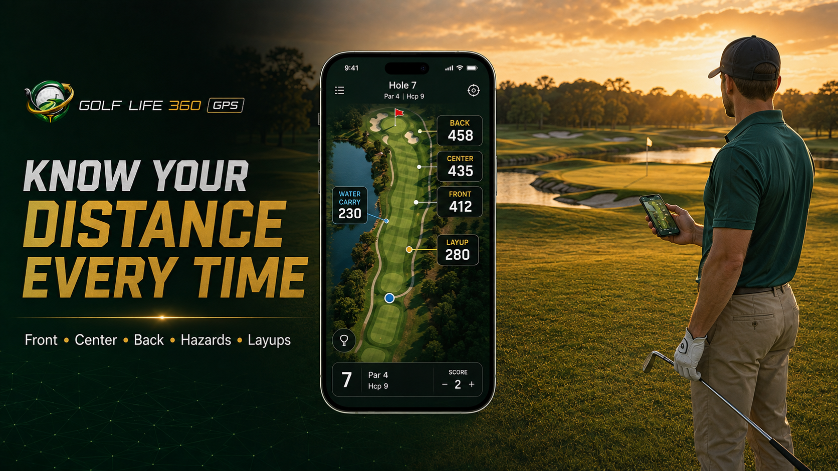 GPS yardage interface on smartphone on the golf course
