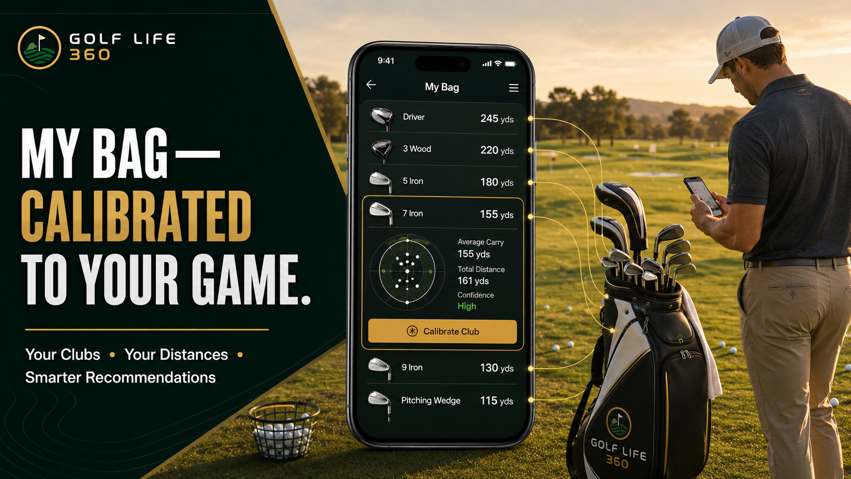 Golfer reviewing My Bag club distances on smartphone beside their golf bag