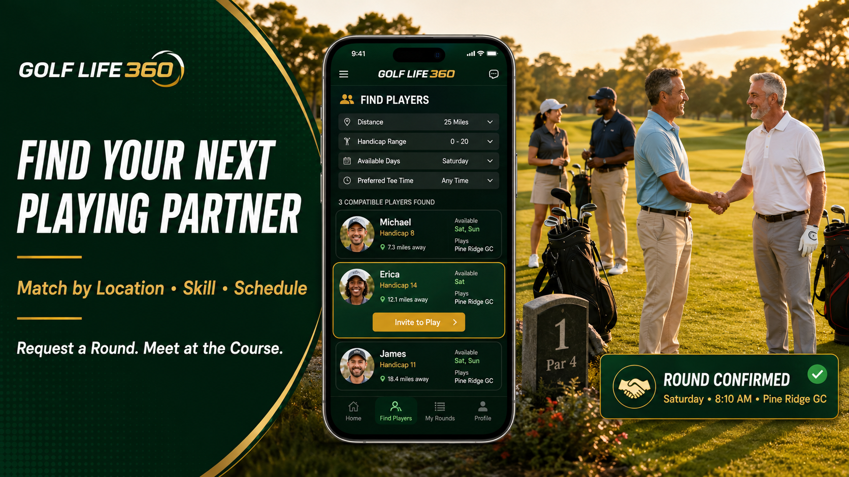 Two golfers shaking hands and smiling on the first tee