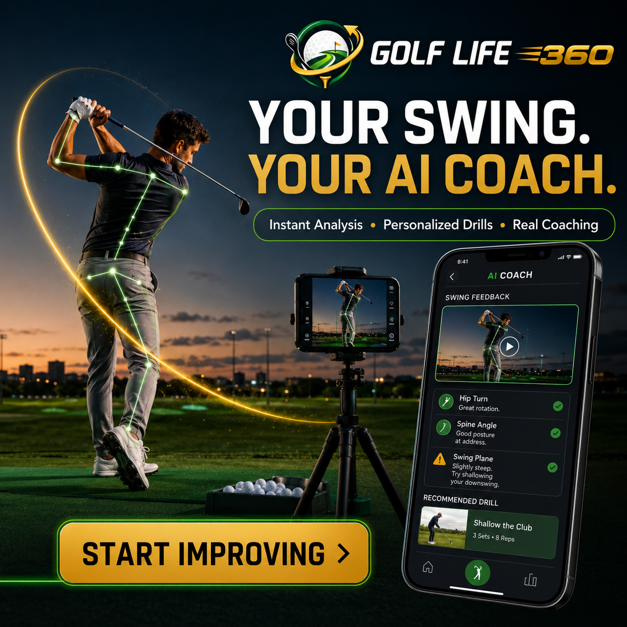 Golfer mid-swing with AI swing analysis overlay on smartphone