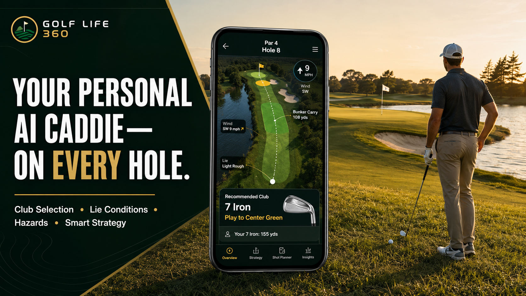 AI caddie recommendation panel on smartphone over golf course