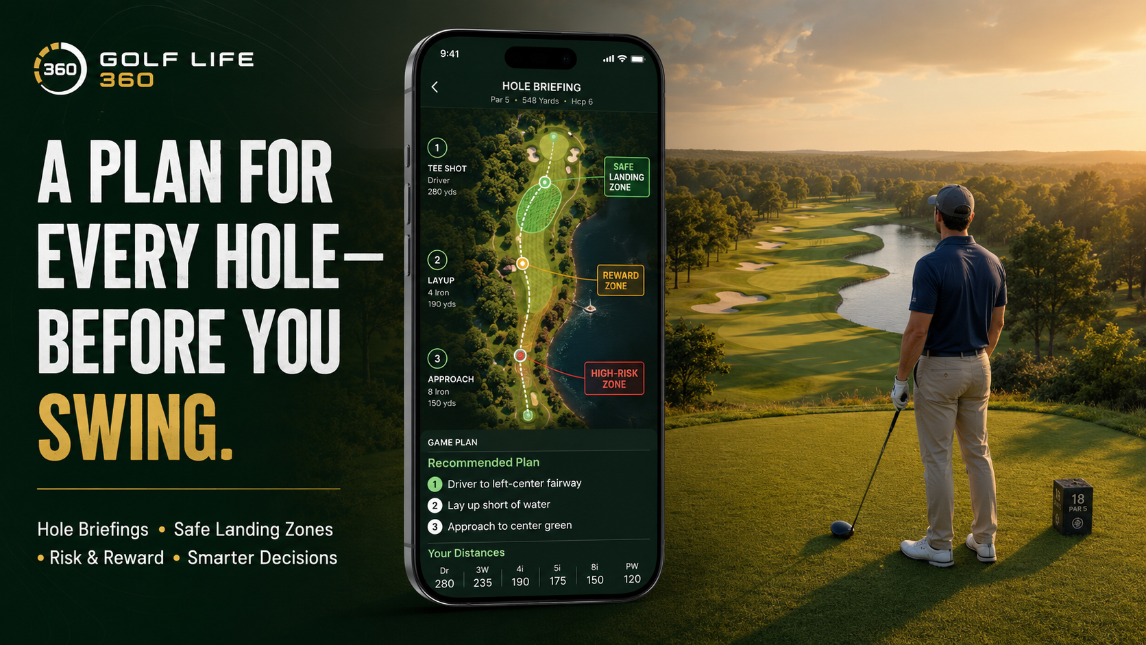 Golfer studying the fairway from the tee box making a strategic decision
