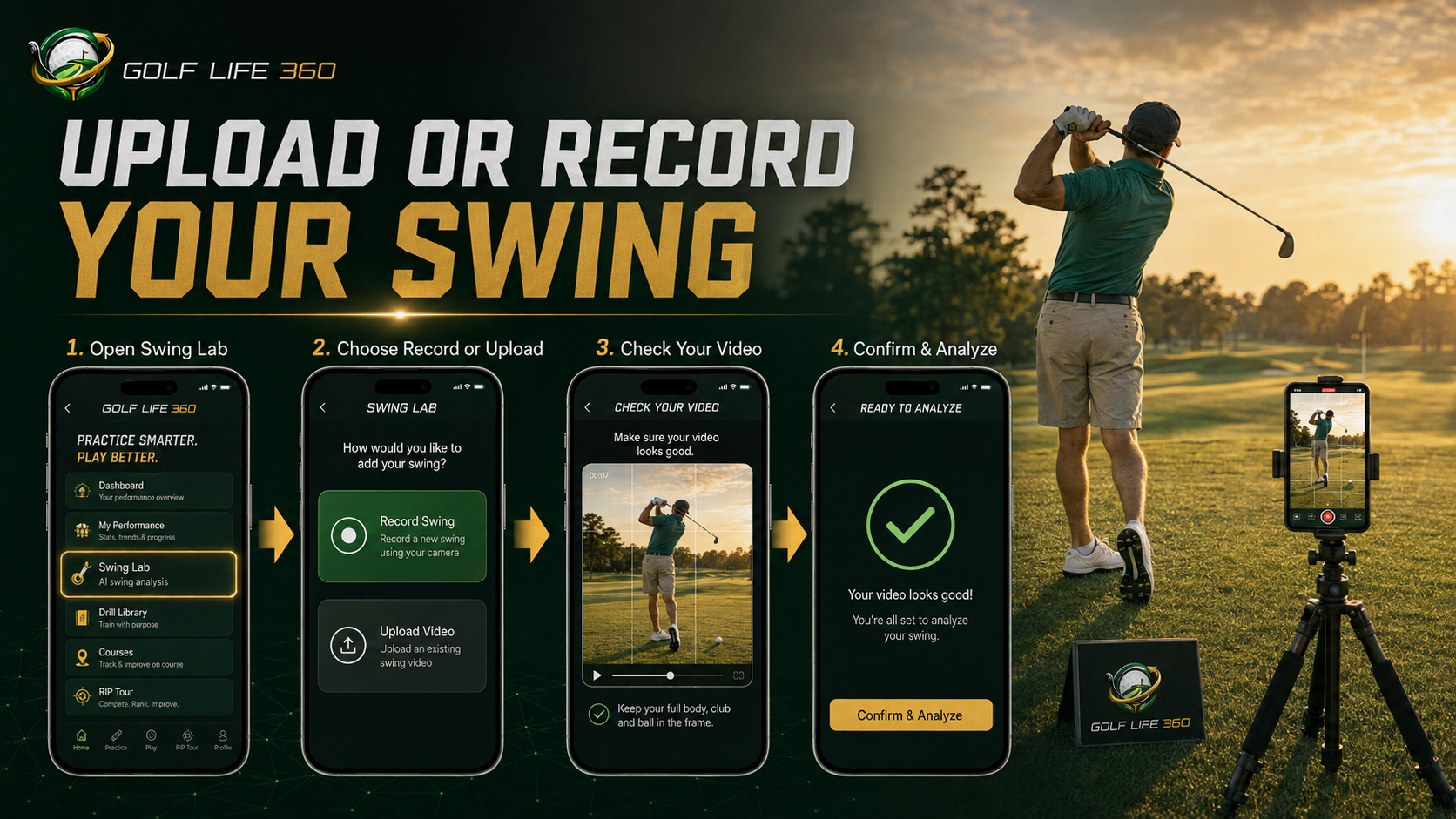 Golfer holding a smartphone showing swing recording interface on a golf course