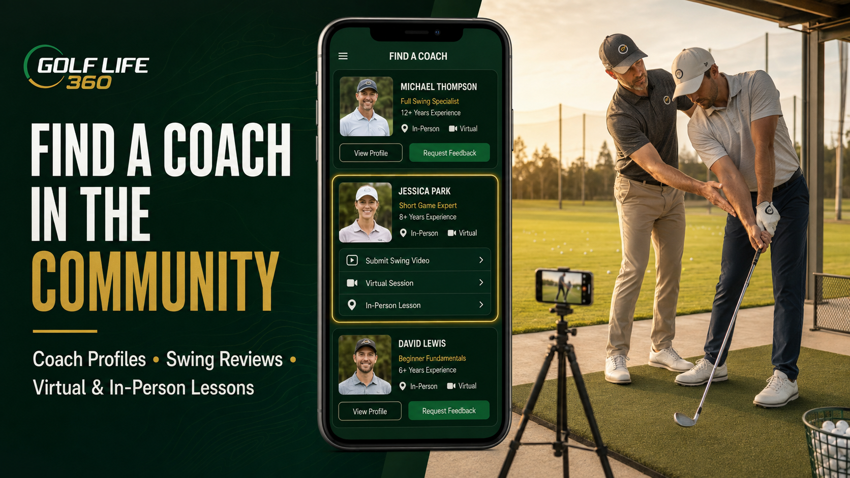 Golf instructor coaching a student on a driving range