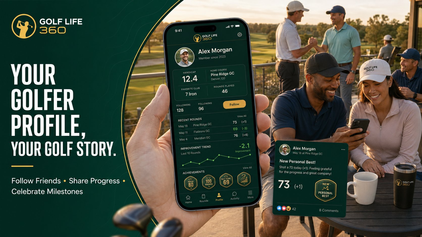 Golfer profile screen showing handicap, stats and activity feed