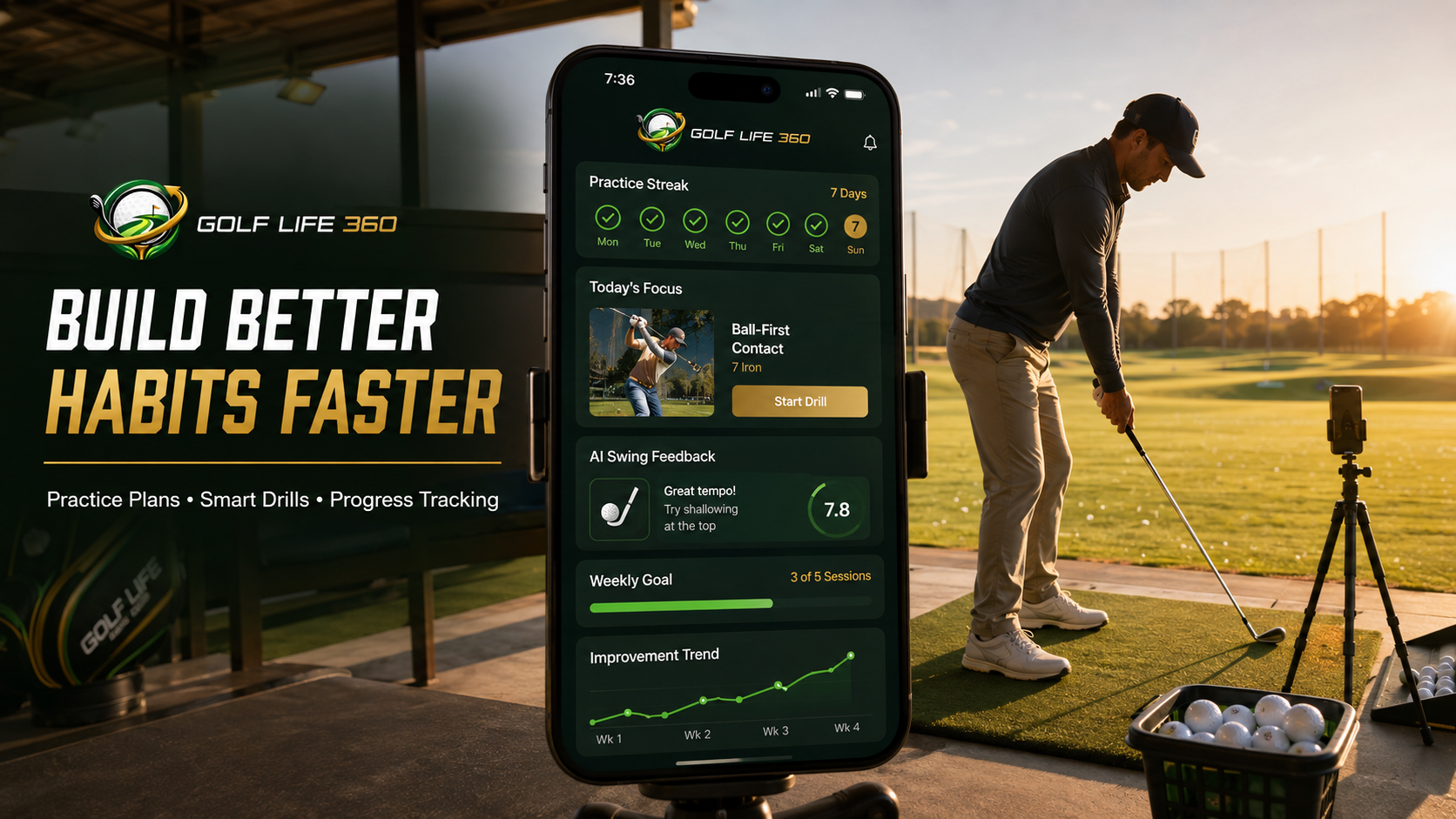 Golfer practicing chipping with practice plan app visible on phone