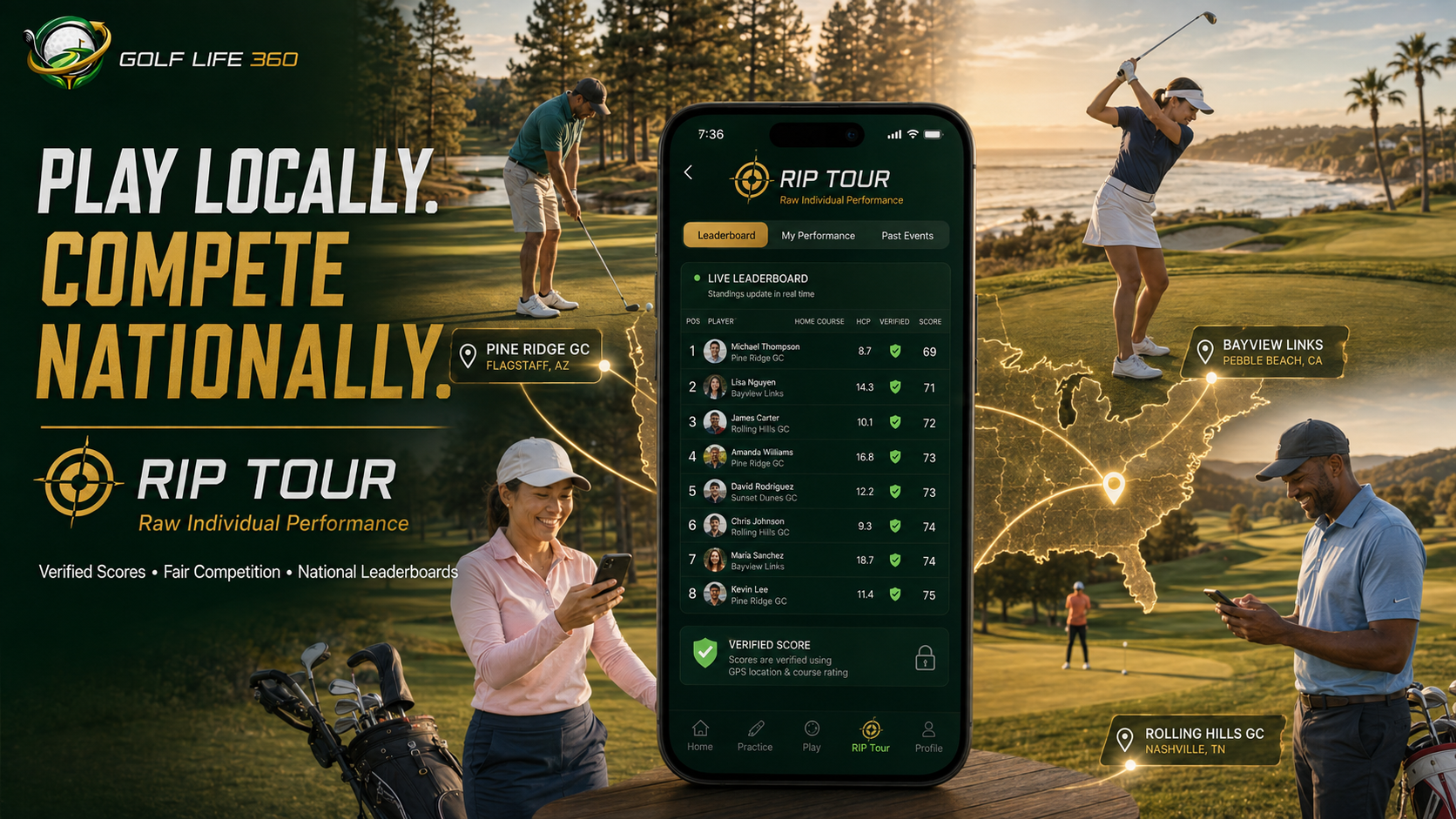 Golfer reviewing scorecard with another golfer holding flag at golden hour