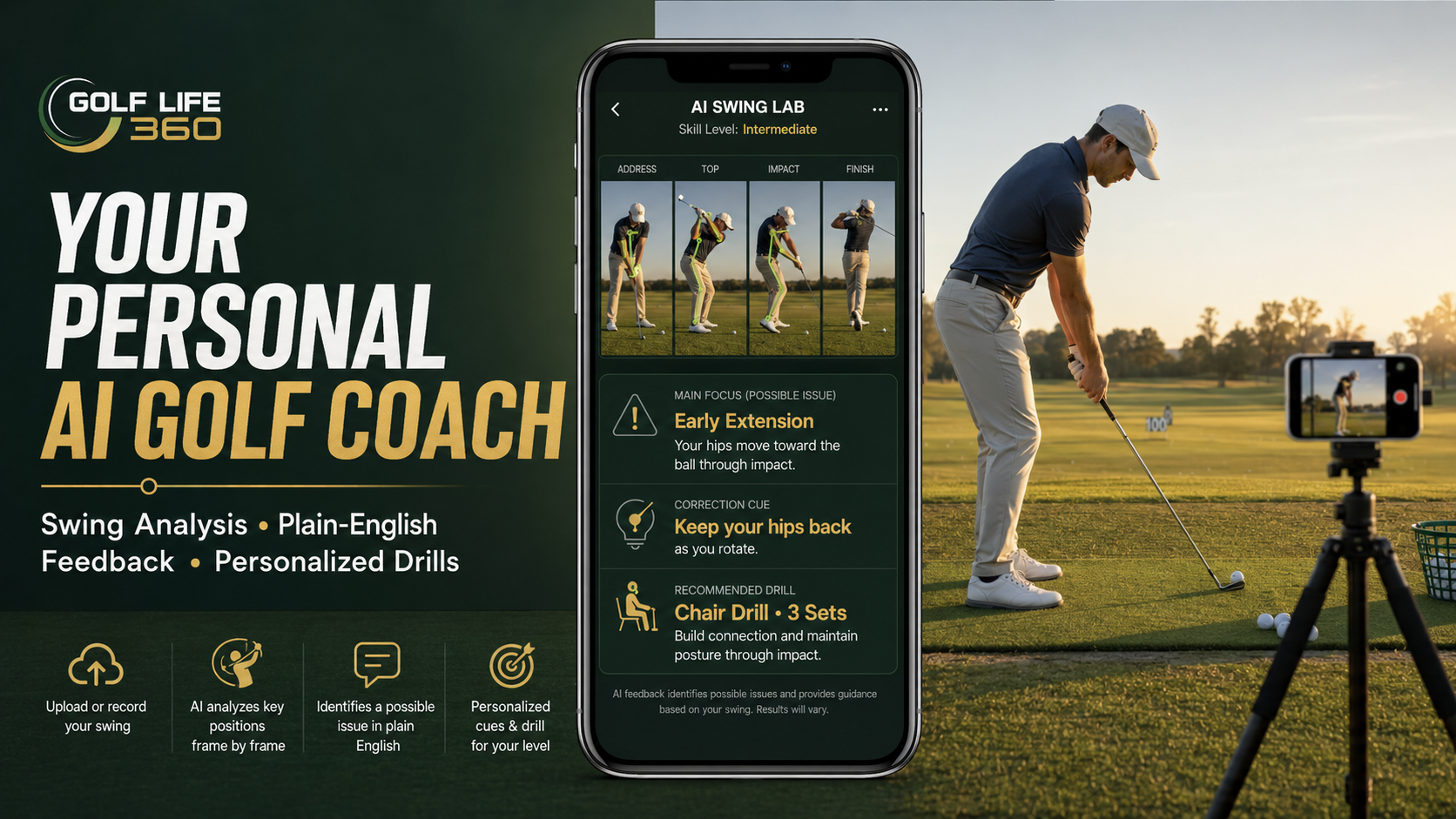 AI swing analysis technology overlay on a golfer's swing