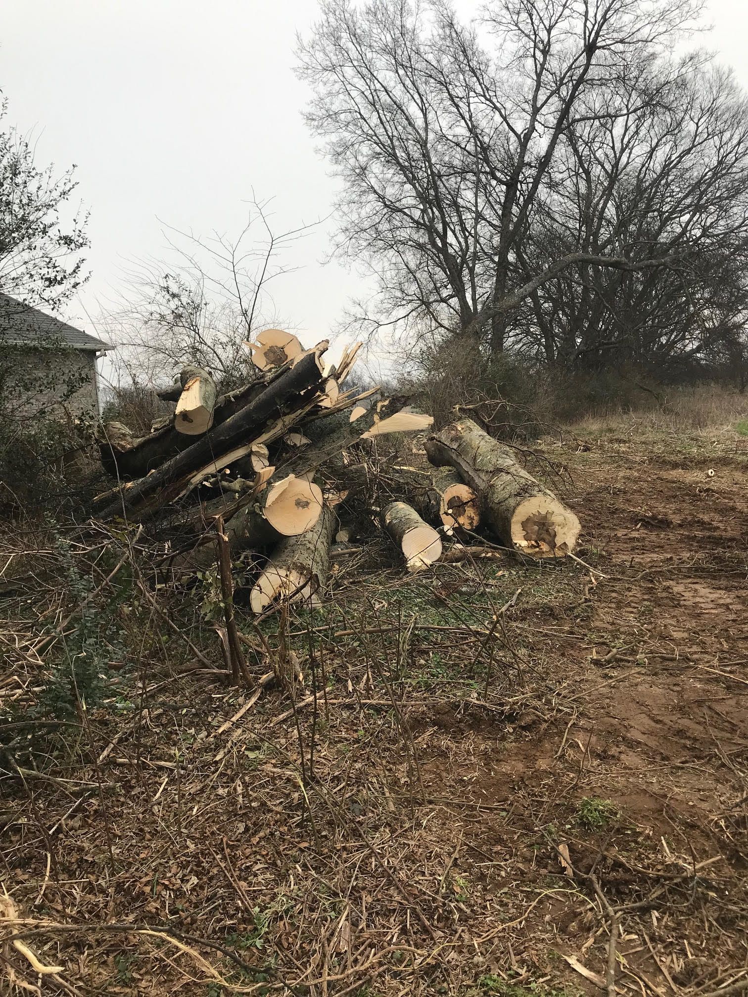 A pile of logs sitting on top of a dirt field.