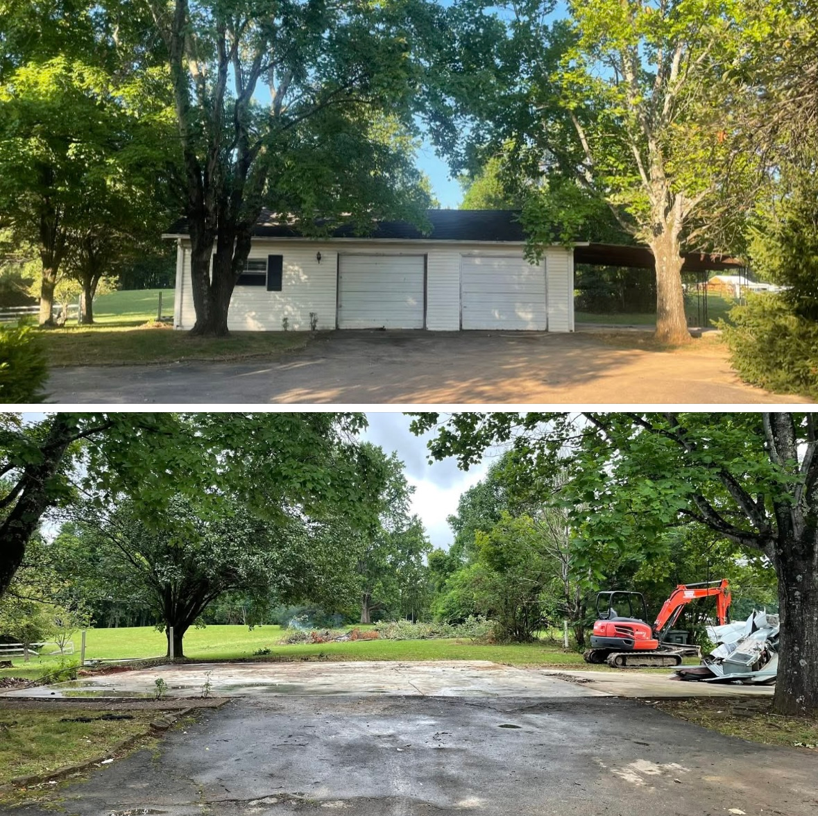 Top: a white garage with two bays under trees. Bottom: a cleared lot with construction equipment.