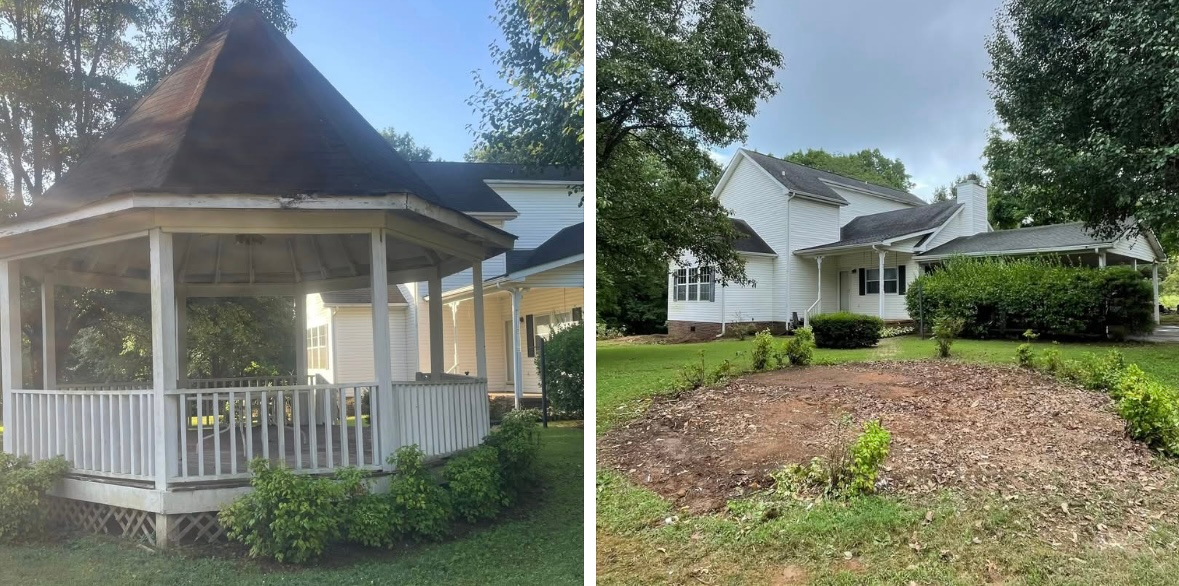 Two views of a white house: a gazebo on the left, garden bed in front of house on the right.