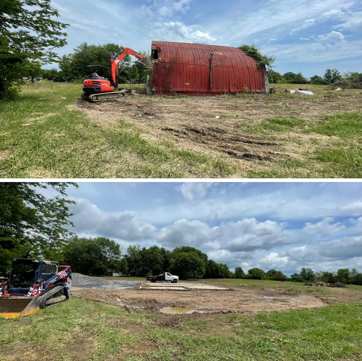 Top: An excavator demolishing a red metal barn in a grassy field. Bottom: Site cleared, a bulldozer nearby.