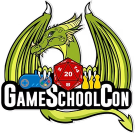 A green dragon with wings is holding a d20 and a controller.
