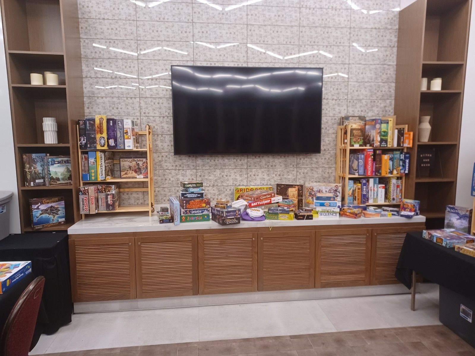 An image of the Party game collection in Board Game Library at GameSchoolCon in Irvine, CA.the