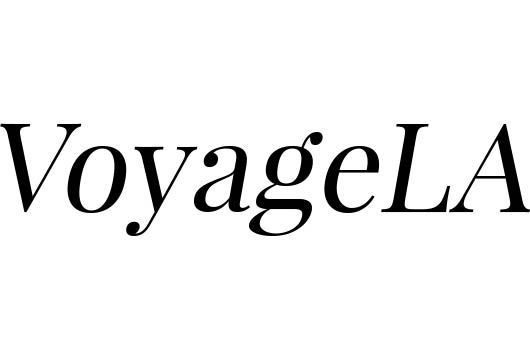 VoyageLA logo in black italic serif text on a white background