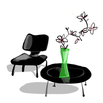 Black plywood table and chair which looks like Eames. There is a green midcentury vase on the table with a magnolia branch.