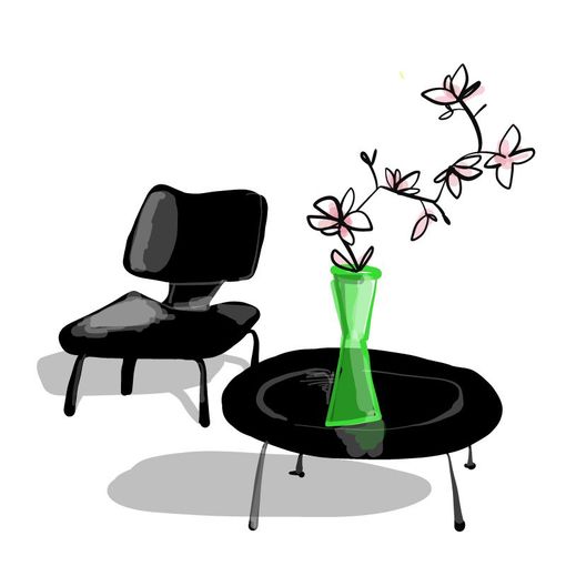 Black plywood table and chair which looks like Eames. There is a green midcentury vase on the table with a magnolia branch.