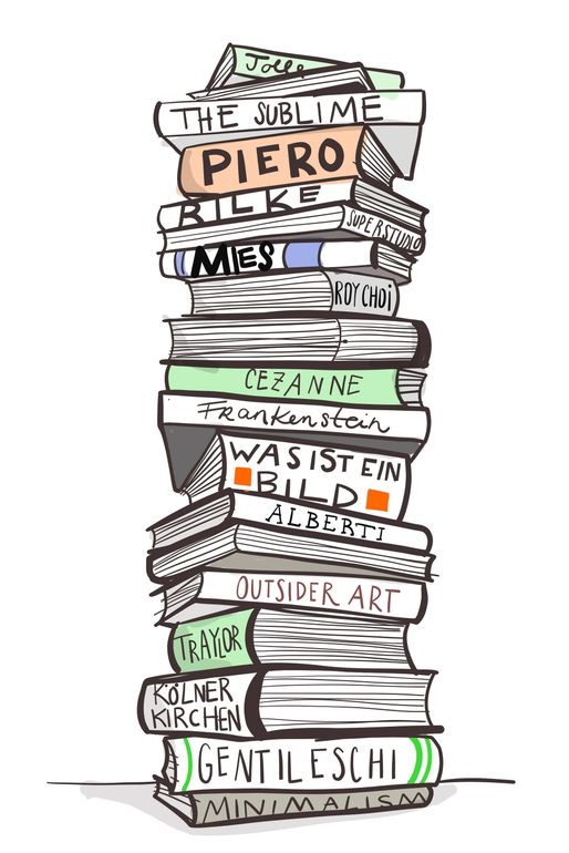 A pile of books refering to art history topics such as