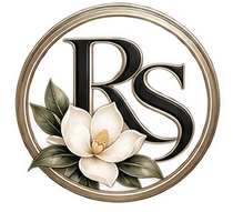 Round gold monogram logo with black “RS” and white flowers and green leaves