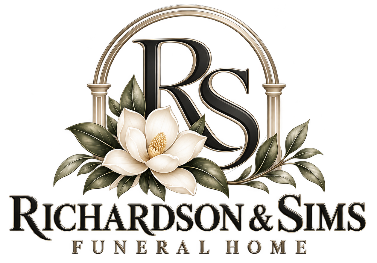 Richardson & Sims Funeral Home logo with RS monogram, white flower, and leafy arch in black and gold