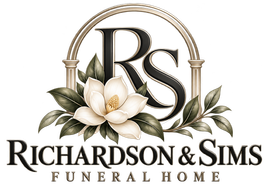 Richardson & Sims Funeral Home logo with RS monogram, white flower, and leafy arch in black and gold